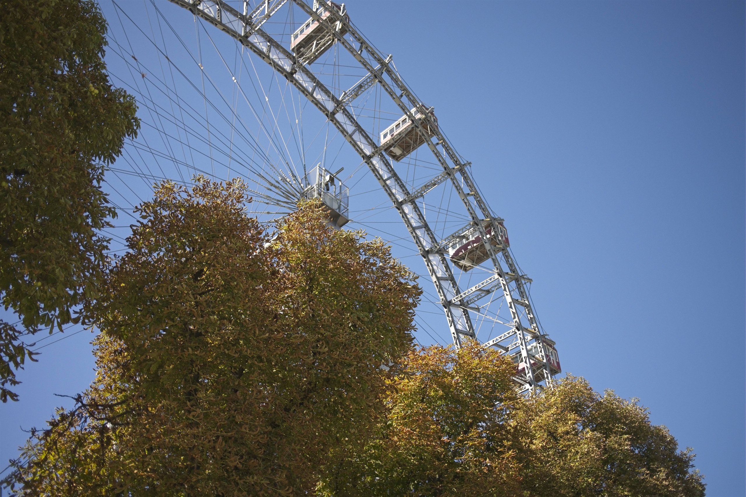 Wiener Riesenrad hinter herbstlich gefärbten Bäumen vor blauem Himmel